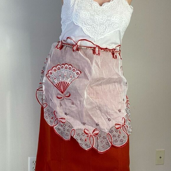 VTG 40s / 50s Sheer Fan and Bow Design Pocketed Fashion Apron for Wear or Upcycl - Picture 4 of 7